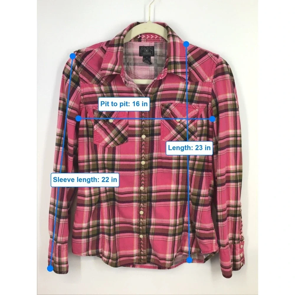 Lucky Brand Dungarees Pink Plaid Snap Western Shirt Embroidered Trim Vtg Size S - Picture 7 of 7